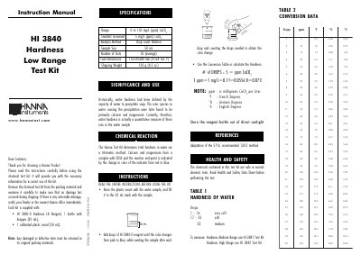 Hanna Instruments HI 3840 Hardness Low Range Test Kit Instruction Manual - cover page
