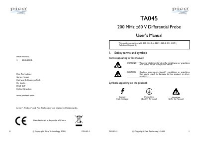 PICO TECHNOLOGY TA045 200 MHz &plusmn;60 V Differential Probe User Manual - cover page