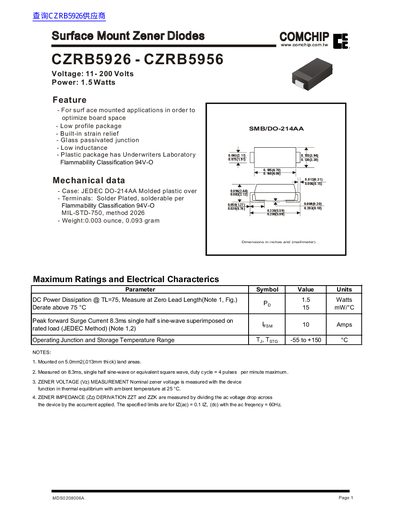 COMCHIP CZRB5926 - CZRB5956 Data Sheet - cover page