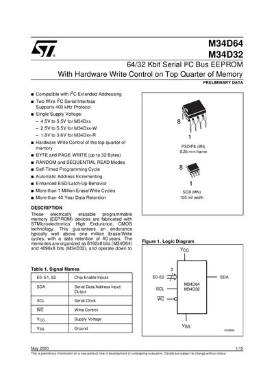 STMicroelectronics M34D64/M34D32 Serial I2C Bus EEPROM Datasheet with Hardware Write Control - cover page