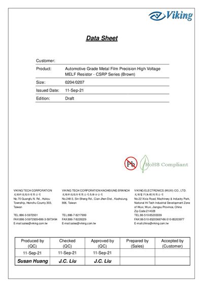 Viking CSR P Series (Brown) Automotive Grade Metal Film High Voltage MELF Resistor Data Sheet - cover page