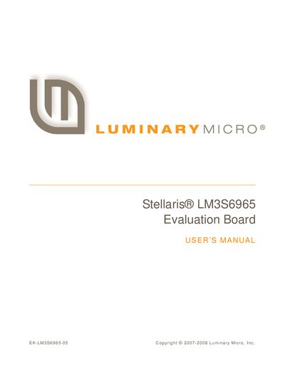 Luminary Micro Stellaris LM3S6965 Evaluation Board User Manual - cover page