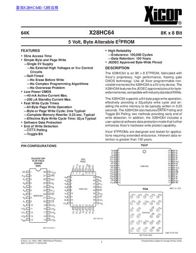 Xicor X28HC64 64K E2PROM Datasheet - cover page