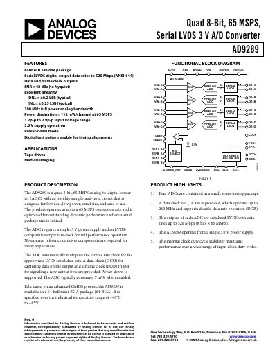 Analog Devices AD9289 8‑Bit 65 MSPS Serial LVDS 3 V A/D Converter Datasheet - cover page