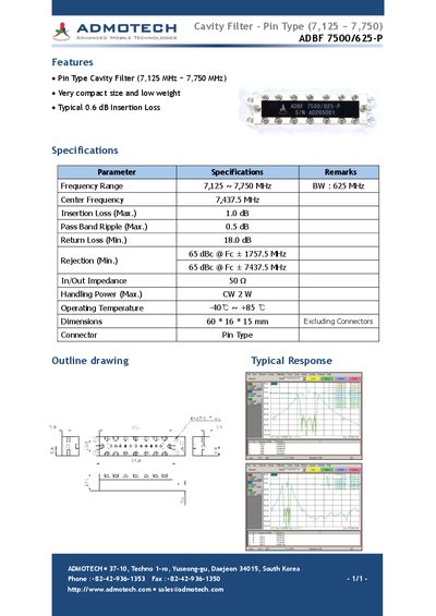 ADMOTECH ADBF 7500/625-P Pin Type Cavity Filter Datasheet - cover page