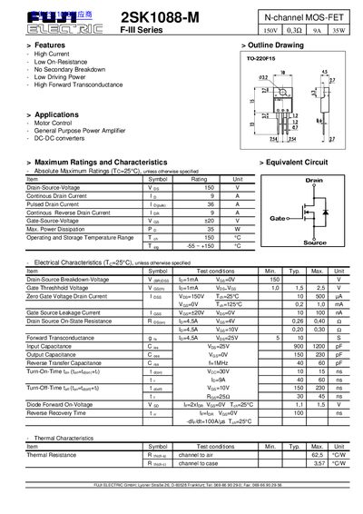 FUJI ELECTRIC 2SK1088-M N-channel MOSFET Datasheet - cover page