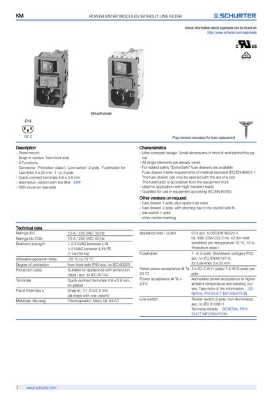 SCHURTER KM Power Entry Modules Without Line Filter Product Leaflet - cover page