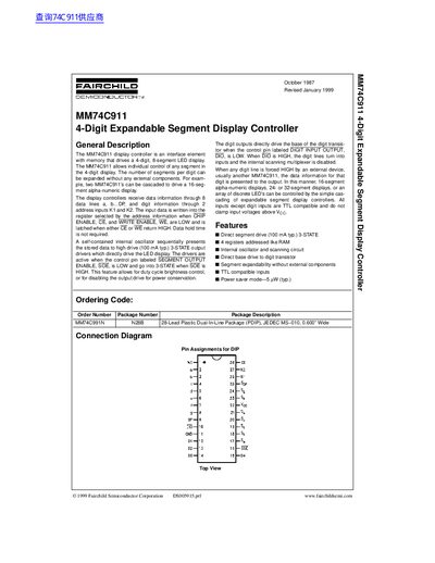 Fairchild MM74C911 4-Digit Expandable Segment Display Controller Datasheet - cover page