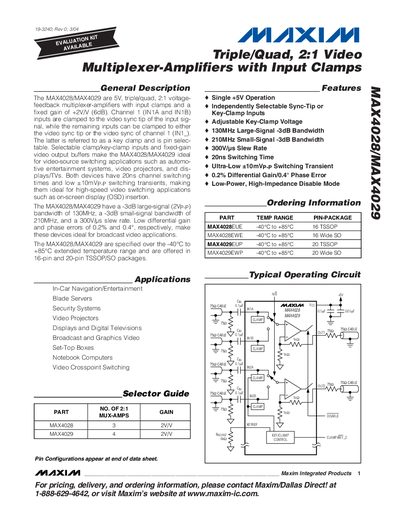 Maxim MAX4028/MAX4029 Triple/Quad 2:1 Video Multiplexer‑Amplifier Datasheet - cover page