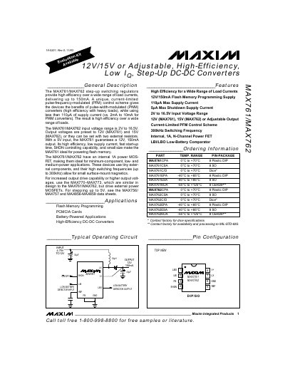 Maxim MAX761 / MAX762 Step‑Up DC‑DC Converter Datasheet - cover page