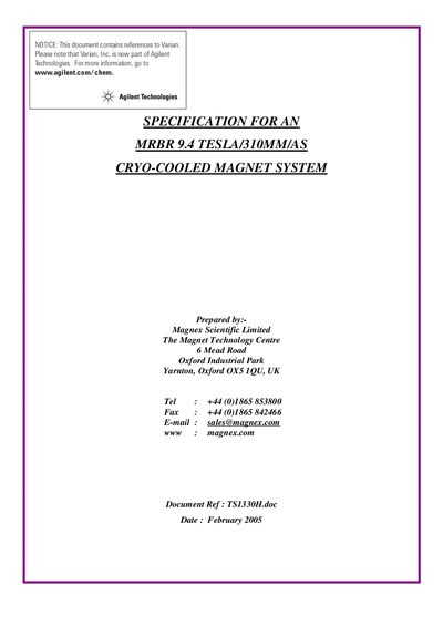 Magnex MRBR 9.4/310 Cryo-Cooled Magnet System Specification - cover page