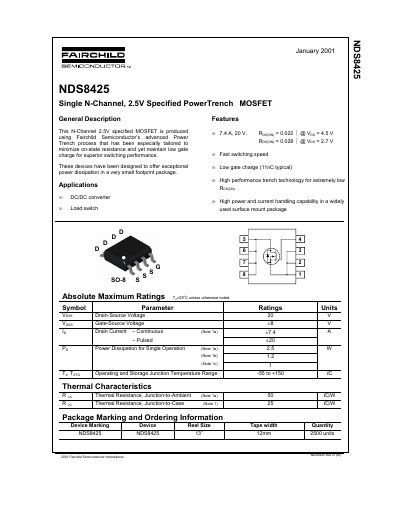 Fairchild NDS8425 Single N-Channel MOSFET Datasheet - cover page