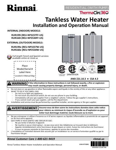 Rinnai Tankless Water Heater Installation and Operation Manual cover