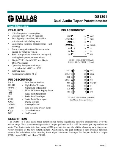 Dallas Semiconductor DS1801 Dual Audio Taper Potentiometer Datasheet - cover page