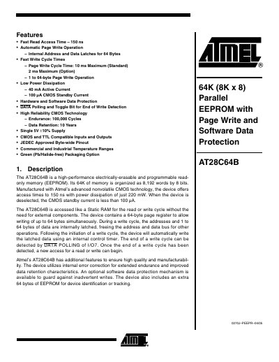 Atmel AT28C64B EEPROM Datasheet - cover page