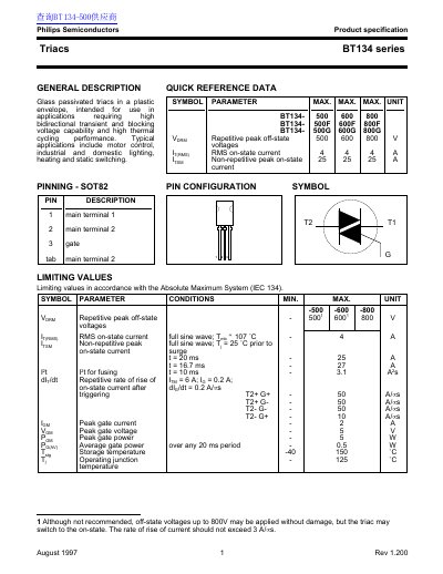 Philips BT134 Series Triac Product Specification - cover page