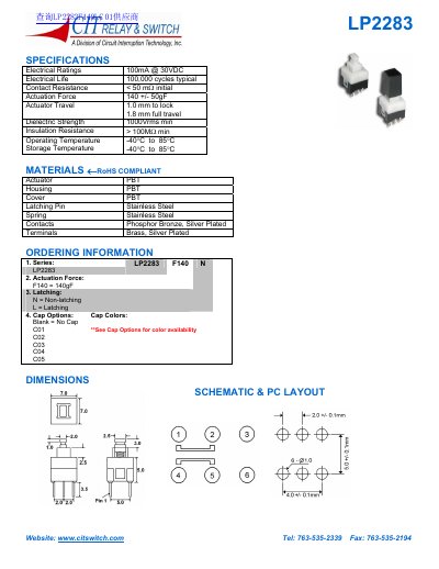 CIT LP2283 Series Latching Relay Datasheet - cover page