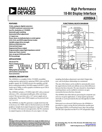 Analog Devices AD9984A 10‑Bit Video ADC Datasheet - cover page
