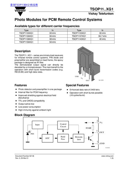 Vishay TSOP11..XG1 Series Infrared Receiver Datasheet - cover page