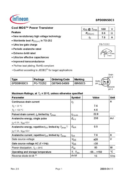 Infineon SPD08N50C3 Power Transistor Datasheet - cover page