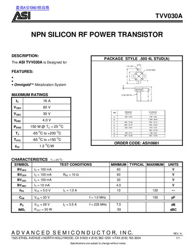 ASI TVV030A NPN Silicon RF Power Transistor Datasheet - cover page