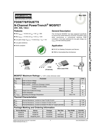 Fairchild FDD8778/FDU8778 N-Channel MOSFET Datasheet - cover page