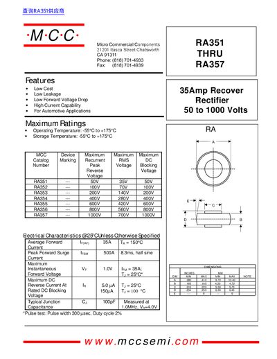 Micro Commercial Components RA351-RA357 35Amp Recover Rectifier Datasheet - cover page