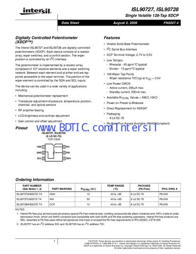 Intersil ISL90727/ISL90728 Digitally Controlled Potentiometer Datasheet - cover page