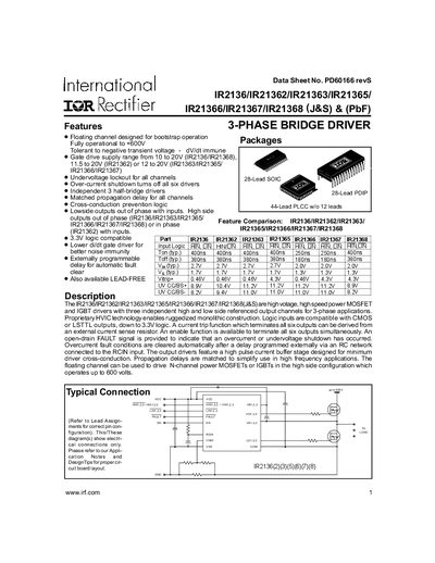 International Rectifier IR2136/IR21362/IR21363/IR21365/IR21366/IR21367/IR21368 3-Phase Bridge Driver Datasheet - cover page