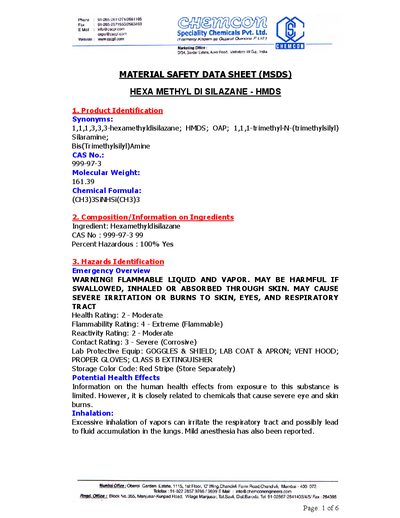 Hexamethyldisilazane (HMDS) Material Safety Data Sheet - cover page