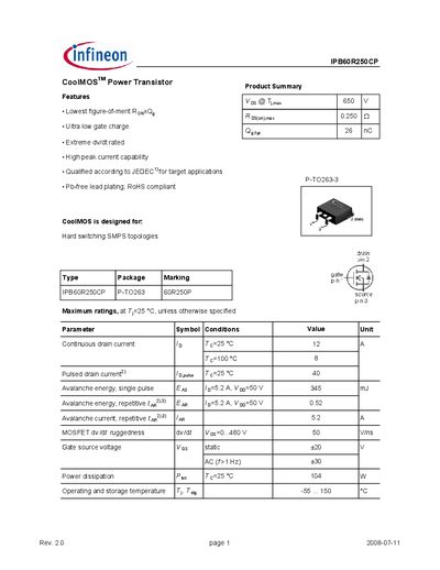 Infineon IPB60R250CP Power Transistor Datasheet - cover page