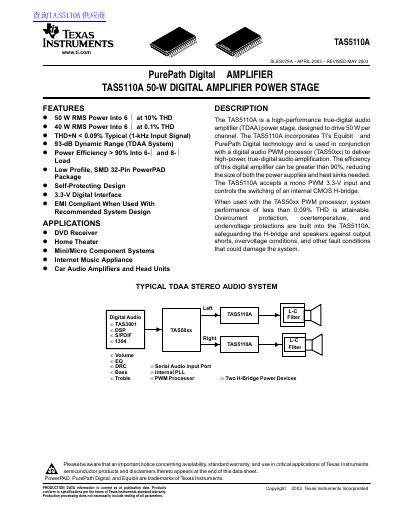 Texas Instruments TAS5110A 50-W Digital Amplifier Power Stage Datasheet