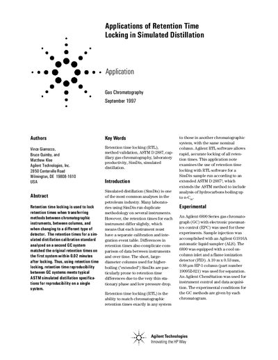 Agilent 6890 Series Gas Chromatography Retention Time Locking Application Note - cover page