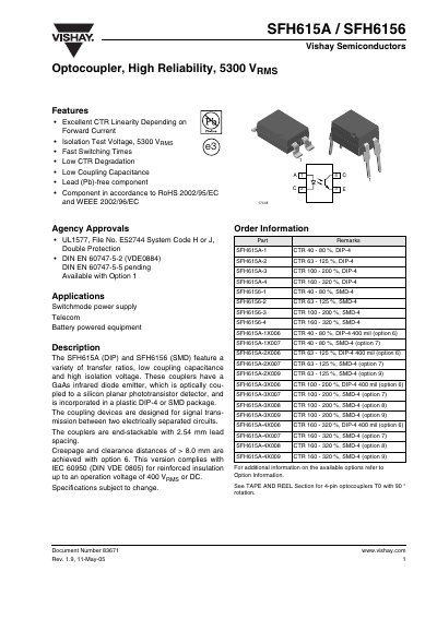 Vishay SFH615A / SFH6156 Optocoupler Datasheet - cover page