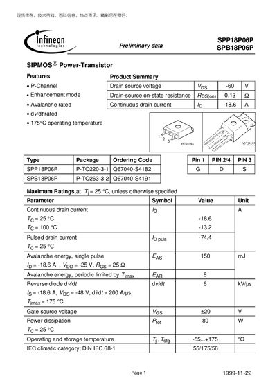 lnfineon SPP18P06P SPB18P06P handbook - cover page