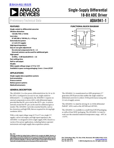 ANALOG DEVICES Single-Supply Differential 18-Bit ADC Driver ADA4941-1 handbook - cover page