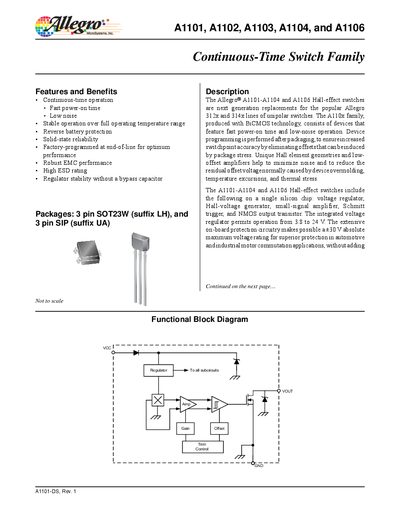 ALLEGRO MICROSYSTEMS A1101 A1102 A1103 A1104 A1106 Continuous-Time Switch Family  - cover page