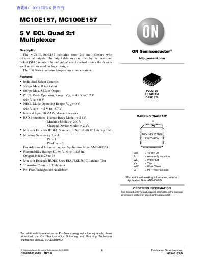 ON Semiconductor MC10E157/MC100E157 ECL Quad Multiplexer Datasheet - cover page