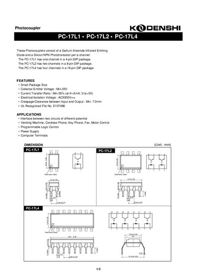KODENSHI PC-17L1/PC-17L2/PC-17L4 Photocoupler Datasheet - cover page