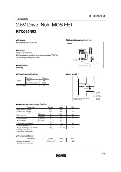 ROHM RTQ035N03 N-Channel MOSFET Datasheet - cover page