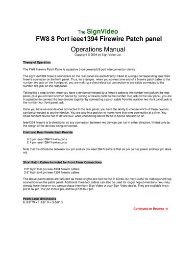 Sign Video FW8 Firewire Patch Panel Operations Manual - cover page
