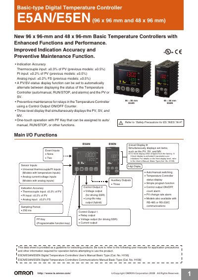 Omron E5AN/E5EN Digital Temperature Controller Datasheet - cover page
