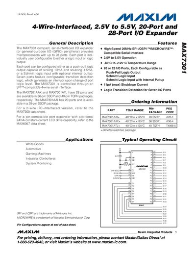 Maxim MAX7301 4-Wire-Interfaced 2.5V to 5.5V 20‑Port/28‑Port I/O Expander Datasheet