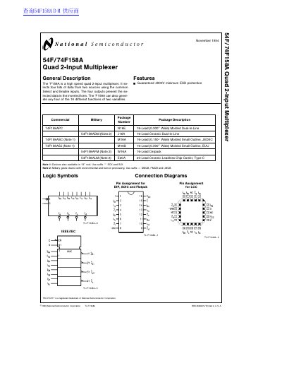 National Semiconductor 54F/74F158A Quad 2-Input Multiplexer Datasheet