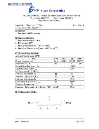 F-Tech FR0433M92-TE11 SAW Resonator Datasheet - cover page