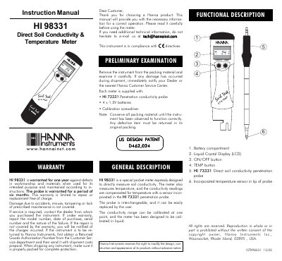 Hanna Instruments HI 98331 Direct Soil Conductivity & Temperature Meter Instruction Manual - cover page