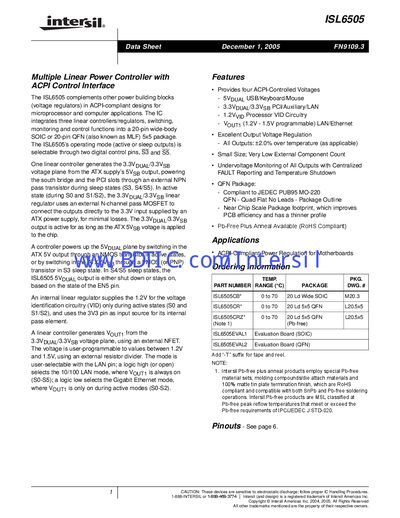 Intersil ISL6505 Multiple Linear Power Controller Datasheet - cover page