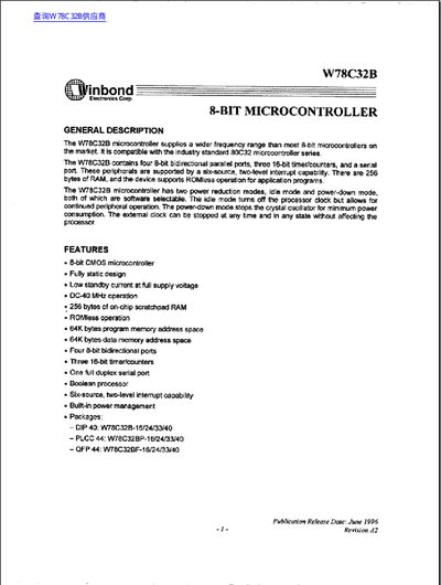 Winbond W78C32B 8-bit Microcontroller Datasheet - cover page