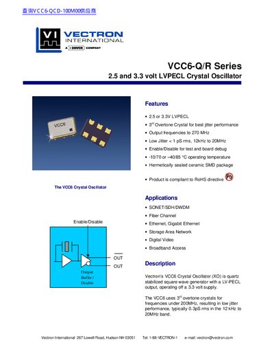 Vectron VCC6-Q/R 2.5/3.3V LVPECL Crystal Oscillator Datasheet - cover page