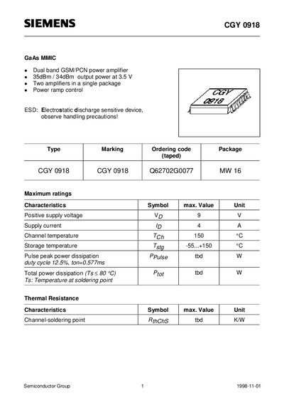 Siemens CGY 0918 GaAs MMIC Datasheet - cover page